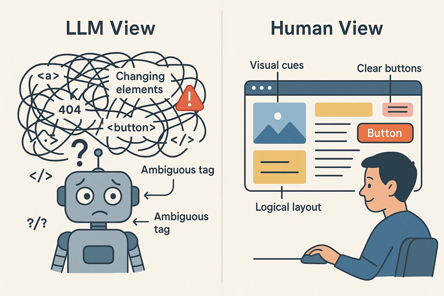 Figure 1: An illustration that shows the difference between LLMs and humans in the way ther perceive the web.